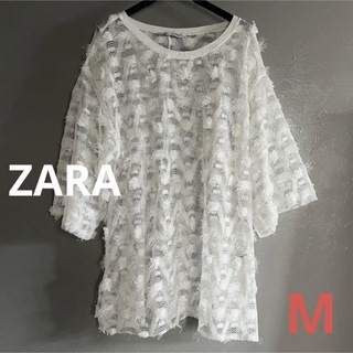 ザラ(ZARA)のZARA ザラ　ワイドスリーブ　メッシュトップス　M プルオーバー　ホワイト　白(Tシャツ/カットソー(半袖/袖なし))