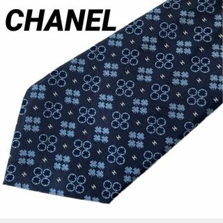 CHANEL - シャネル　四つ葉　クローバー　ネクタイ　刺繍　ココマーク　ロゴ　シルク　紺色