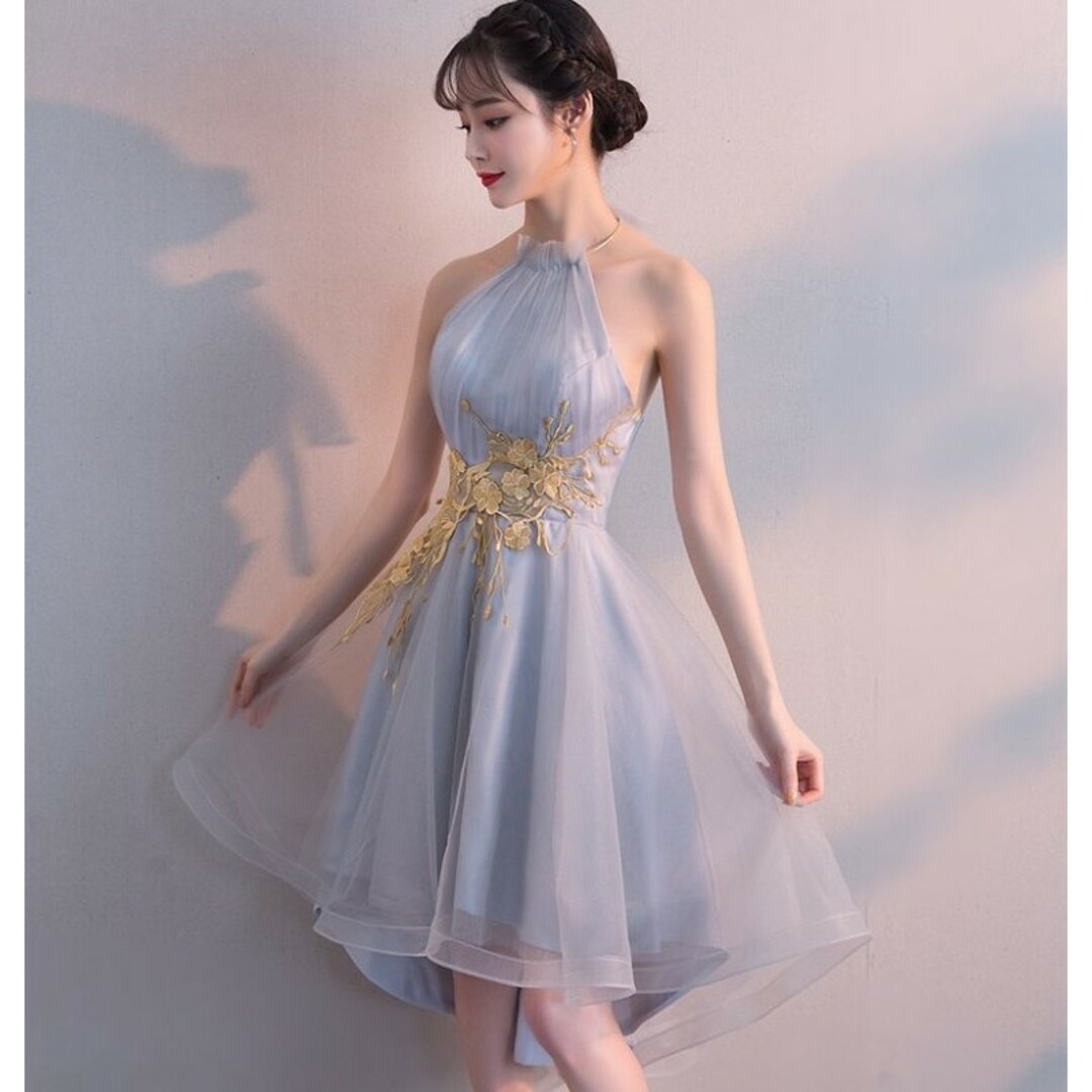 ☆Sサイズ☆ホルターネックで攻め♪ゴージャスなゴールド刺繍フィッシュテールドレス レディースのフォーマル/ドレス(ロングドレス)の商品写真