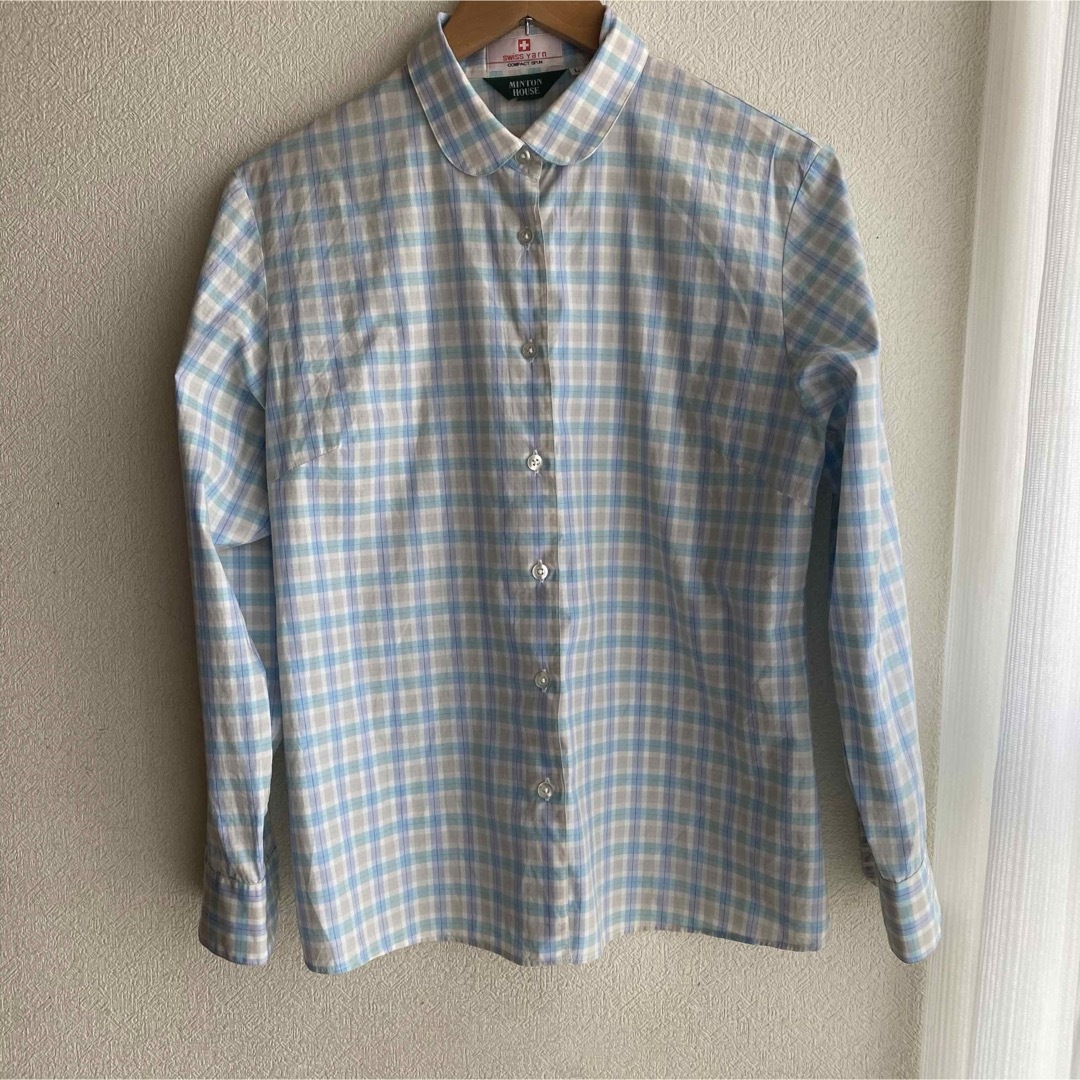 日本製　丸襟チェックシャツ コットン レディースのトップス(シャツ/ブラウス(長袖/七分))の商品写真