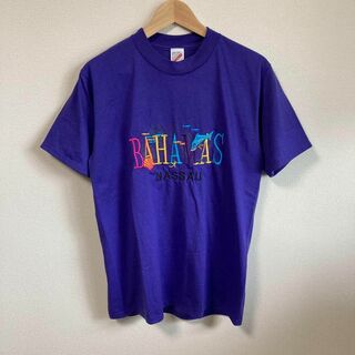 ジャージーズ(JERZEES)の90s USA製 JERZEES Tシャツ 刺繍　魚　紫　パープル　M 古着(Tシャツ/カットソー(半袖/袖なし))