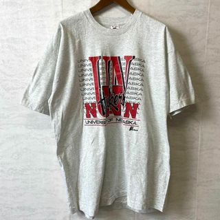 メイドインUSA　カレッジロゴ　青灰　オーバーサイズ2ＸＬ　シングルステッチ古着(Tシャツ/カットソー(半袖/袖なし))