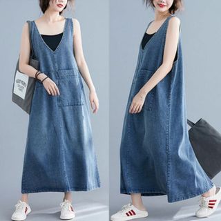 デニム オーバーオール サロペット XL ワンピ マキシ ゆったり 韓国 夏服(ロングワンピース/マキシワンピース)