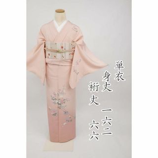 単衣＊付下げ 上品 紅白花模様 無紋 ピンク 外出着 正絹着物 3SM4(着物)