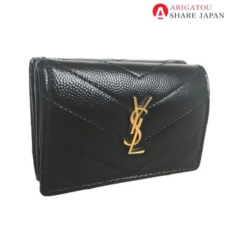 Yves Saint Laurent - YVES SAINT LAURENT イヴ・サンローラン コンパクトウォレット 三つ折り財布 レディース レザー ブラック 3つ折り 黒 066994 1922 中古品【鑑定済】