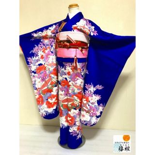 【中古】 七五三 正絹 7～10歳女児用 祝い着 着物 青地に糸巻き模様 (和服/着物)