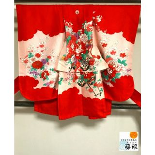 【中古】 七五三 正絹 3歳女児用 祝い着 着物 朱色地に御所車模様 (和服/着物)