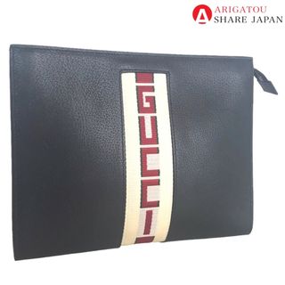 グッチ(Gucci)のGUCCI グッチ ウェブストライプ セカンドバッグ クラッチバッグ メンズ レザー ブラック 黒 475316 中古品【鑑定済】(セカンドバッグ/クラッチバッグ)