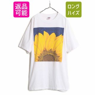 90s USA製 ★ ひまわり アート イラスト プリント Tシャツ メンズ XXL 90年代 オールド フラワー 花 シングルステッチ 大きいサイズ 2XL 白(Tシャツ/カットソー(半袖/袖なし))