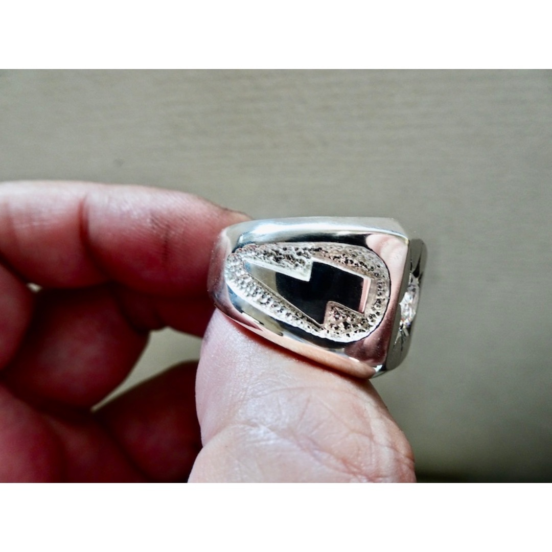 仁尾彫金『一つ星ジルコニア、プラチナ、サンダー印台リング』ハンドメイド191