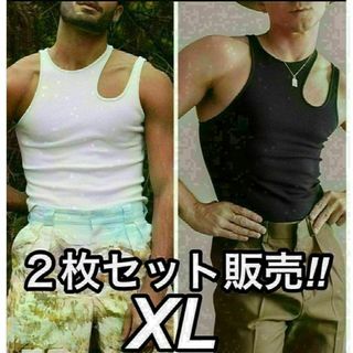 aタンクトップ・Tシャツ・シャツ・ジム・アウトドア・キャンプ 黒 白 XL(タンクトップ)