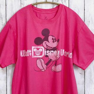 ディズニー(Disney)のディズニーワールド　ピンク桃色　サイズＭ　ミッキーマウス　半袖Ｔシャツメンズ古着(Tシャツ/カットソー(半袖/袖なし))