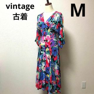 ヴィンテージ(VINTAGE)の4c レディース　ビンテージ　レトロ　ロング　ワンピース　花柄　M　七分袖　春(ロングワンピース/マキシワンピース)