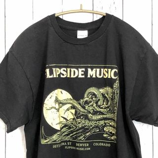 ミュージックティー(MUSIC TEE)のミュージックＴ　黒ブラック半袖Ｔシャツ　サイズＭ　フリップサイド　メンズ　古着(Tシャツ/カットソー(半袖/袖なし))