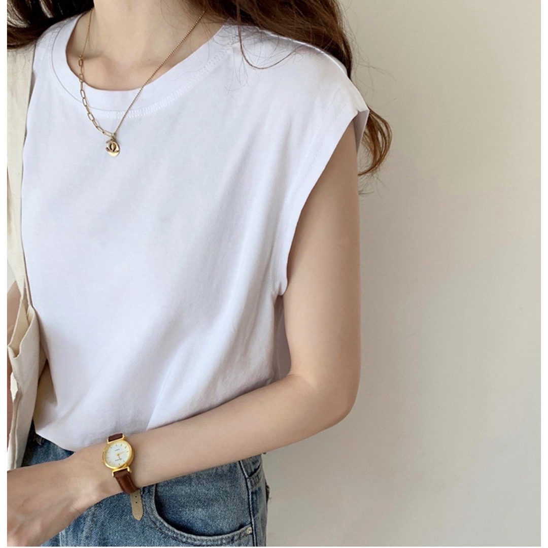 【SALE】フレンチスリーブ 白  ノースリーブ 韓国 Tシャツ レディース  メンズのトップス(Tシャツ/カットソー(半袖/袖なし))の商品写真