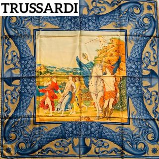 極美品 ★TRUSSARDI★ スカーフ 大判 絵画 シルク ブルー ブラウン