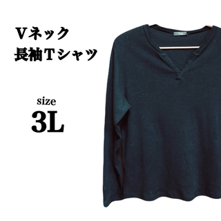 【3L】Ｖネック長袖Ｔシャツ  ブラック  リプ編み(Tシャツ(長袖/七分))