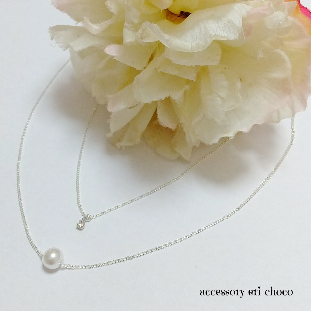 クリスタル&ホワイトパールの2連ネックレス ハンドメイドのアクセサリー(ネックレス)の商品写真