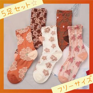 5足セット 刺繍 花柄 おしゃれ レディース 靴下 ブラウン 白 まとめ売り(ソックス)