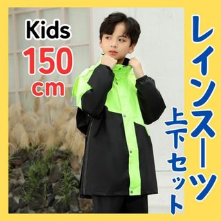 レインコート 上下 キッズ用150cm 緑黒 ウインドブレーカー　雨具(その他)