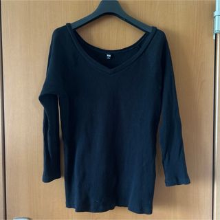 ユニクロ(UNIQLO)のユニクロ　Vネック　リブカットソー　七分袖　レディースL(カットソー(長袖/七分))