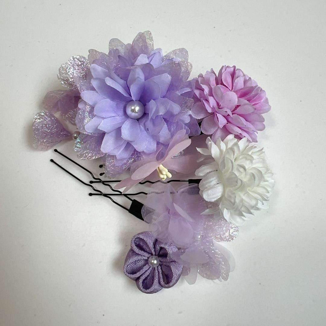 ヘアアクセサリー　髪飾り 和装 七五三 成人式 卒業式 着物 袴　紫　パープル レディースのヘアアクセサリー(ヘアピン)の商品写真
