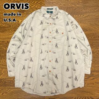 90s USA製 ORVIS オービス 総柄シャツ 長袖 ベージュ XXL(Tシャツ/カットソー(七分/長袖))