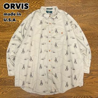 90s USA製 ORVIS オービス 総柄シャツ 長袖 ベージュ XXL