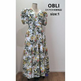 オブリ(OBLI)のOBLI 【タグ付き未使用品】 裏地付 パフスリーブ Vネック フラワーワンピ(ロングワンピース/マキシワンピース)