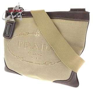 プラダ(PRADA)の美品 PRADA プラダ ロゴジャガード ベージュ ブラウン 茶 キャンバス レザー ショルダーバッグ 斜め掛け レディース 405647 【中古】(ショルダーバッグ)