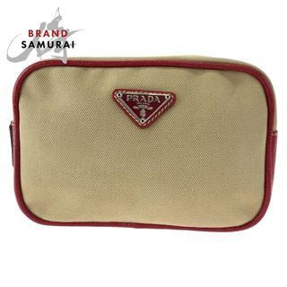 プラダ(PRADA)の美品 PRADA プラダ 三角ロゴプレート ベージュ レッド 赤 キャンバス レザー ポーチ アクセサリーポーチ  レディース 405630 【中古】(ポーチ)