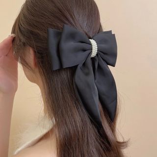 ❤️人気商品❤️ヘアアクセサリー バレッタ 大きめ リボン ブラック パール