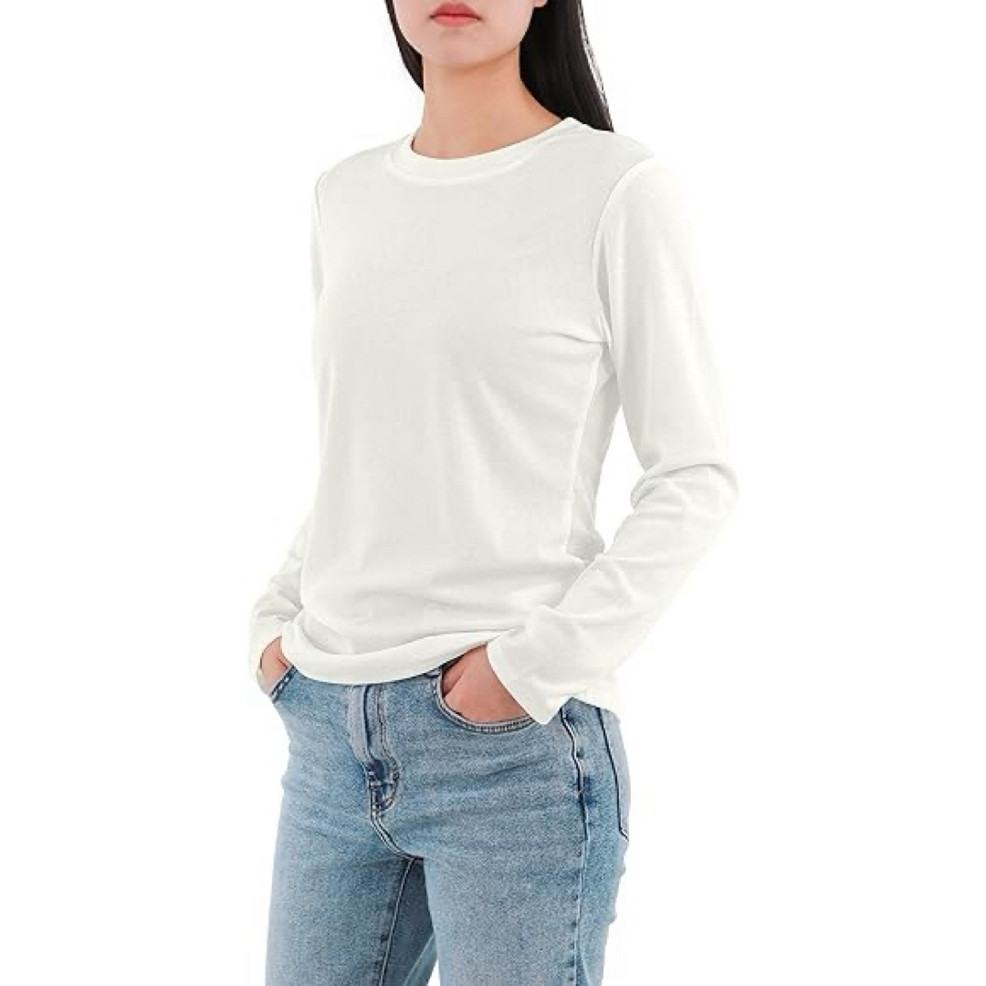 Tシャツ カットソー レディース 長袖 クルーネック ロング ホワイト レディースのトップス(Tシャツ(長袖/七分))の商品写真