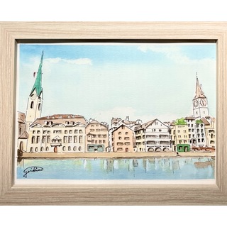 手描き　水彩画　スイス　リマト川可愛い河畔