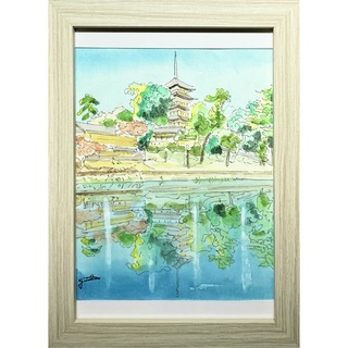 手描き　水彩画　奈良　猿沢の池と興福寺五重の塔(絵画/タペストリー)