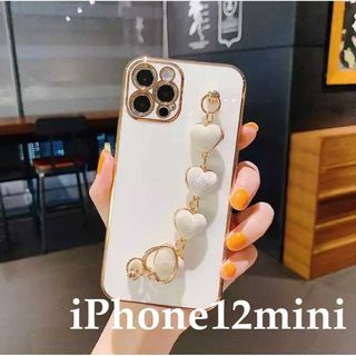 iPhone 12mini ケース ホワイト ハートチェーン ソフトカバー 白(iPhoneケース)