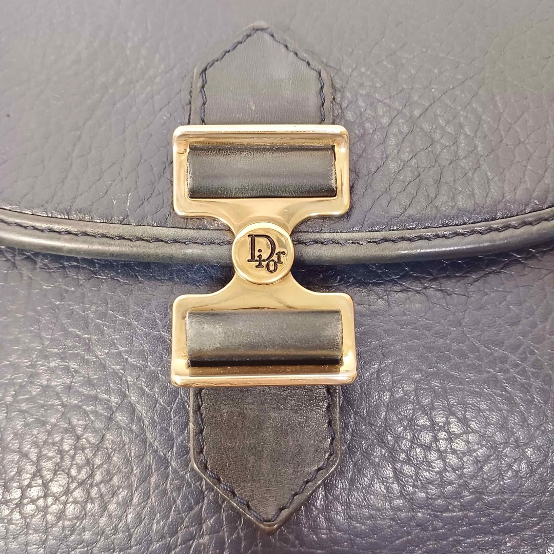 Christian Dior(クリスチャンディオール)の美品 オールド ディオール ショルダーバッグ レザー ネイビー ロゴ 金具 レディースのバッグ(ショルダーバッグ)の商品写真