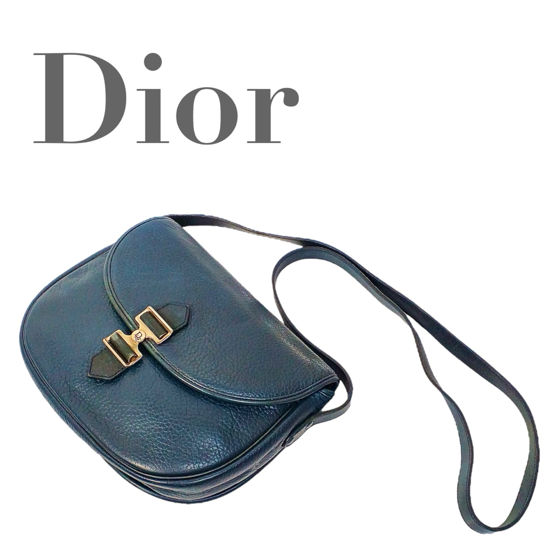 Christian Dior(クリスチャンディオール)の美品 オールド ディオール ショルダーバッグ レザー ネイビー ロゴ 金具 レディースのバッグ(ショルダーバッグ)の商品写真