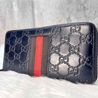 グッチ(Gucci)の極美品 GUCCI 長財布 シマレザー シェリーライン ネイビー レザー メンズ(長財布)