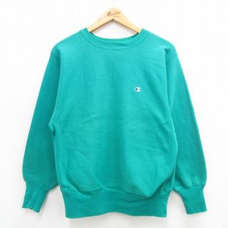 チャンピオン(Champion)のM★古着 長袖 チャンピオン Champion リバースウィーブ メンズ 90年代 90s ワンポイントロゴ クルーネック USA製 青緑 24apr24 中古 スウェット スエット トレーナー トップス(パーカー)