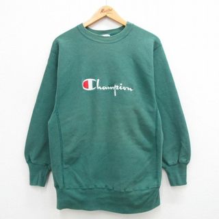 チャンピオン(Champion)のM★古着 長袖 チャンピオン Champion リバースウィーブ メンズ 90年代 90s ビッグロゴ クルーネック USA製 緑 グリーン 24apr24 中古 スウェット スエット トレーナー トップス(パーカー)