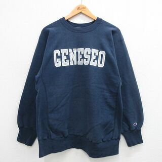 チャンピオン(Champion)のL★古着 長袖 チャンピオン Champion リバースウィーブ メンズ 80年代 80s GENESEO クルーネック USA製 紺 ネイビー 【spe】 24apr24 中古 スウェット スエット トレーナー トップス(パーカー)