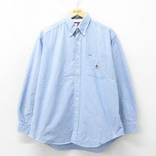 トミーヒルフィガー(TOMMY HILFIGER)のXL★古着 トミーヒルフィガー TOMMY HILFIGER 長袖 ブランド シャツ メンズ 90年代 90s ワンポイントロゴ コットン ボタンダウン 薄紺 ネイビー 24apr24 中古 トップス(シャツ)