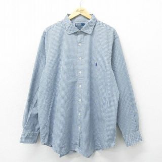 ラルフローレン(Ralph Lauren)のXL★古着 ラルフローレン Ralph Lauren 長袖 ブランド シャツ メンズ 90年代 90s ワンポイントロゴ STANTON 大きいサイズ ロング丈 コットン ボタンダウン 紺他 ネイビー チェック 24apr24 中古 トップス(シャツ)