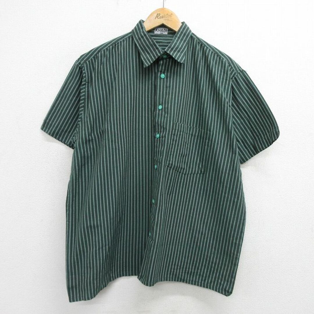 XL★古着 半袖 シャツ メンズ 大きいサイズ 緑他 グリーン ストライプ 24apr24 中古 トップス メンズのトップス(シャツ)の商品写真