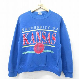 ヘインズ(Hanes)のL★古着 ヘインズ Hanes 長袖 スウェット メンズ 80年代 80s カンザス カレッジ クルーネック USA製 青 ブルー 24apr24 中古 スエット トレーナー トップス(パーカー)