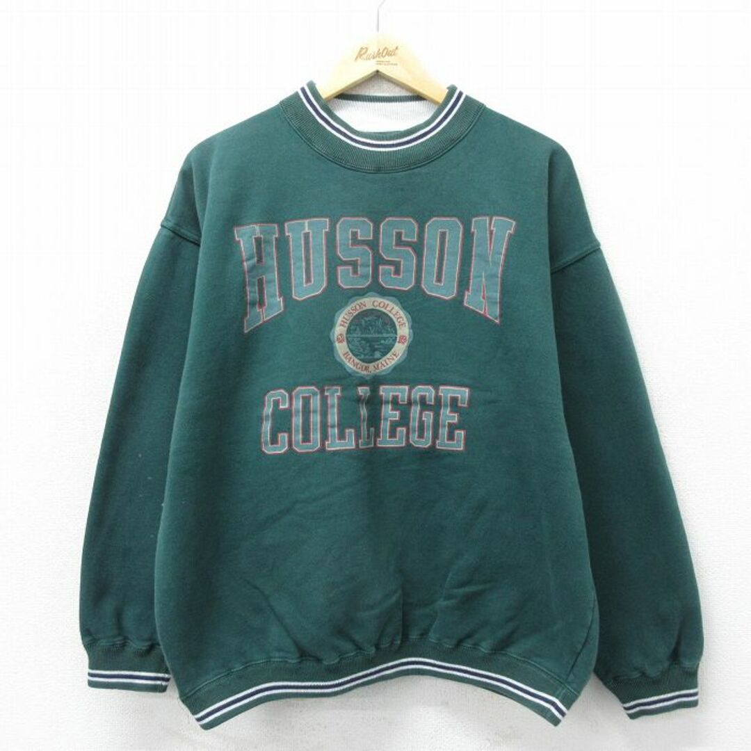 XL★古着 長袖 スウェット メンズ 90年代 90s HUSSOＮ カレッジ クルーネック 緑 グリーン 24apr24 中古 スエット トレーナー トップス メンズのトップス(パーカー)の商品写真