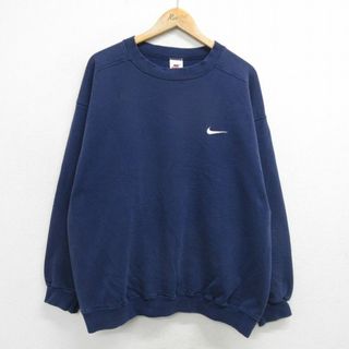 ナイキ(NIKE)のXL★古着 ナイキ NIKE 長袖 スウェット メンズ 90年代 90s ワンポイントロゴ 大きいサイズ クルーネック 紺 ネイビー 24apr24 中古 スエット トレーナー トップス(パーカー)