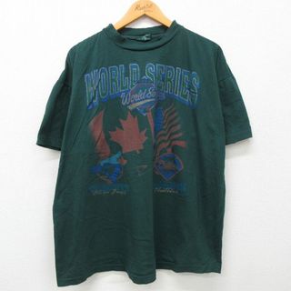 フィラ(FILA)のXL★古着 半袖 ビンテージ Tシャツ メンズ 90年代 90s MLB トロントブルージェイズ フィラデルフィアフィリーズ ワールドシリーズ 大きいサイズ クルーネック 濃緑 グリーン メジャーリーグ ベースボール 野球 24apr24 中古(Tシャツ/カットソー(半袖/袖なし))