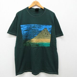 XL★古着 半袖 ビンテージ Tシャツ メンズ 90年代 90s JAPAN 山 クルーネック USA製 濃緑 グリーン 24apr24 中古(Tシャツ/カットソー(半袖/袖なし))